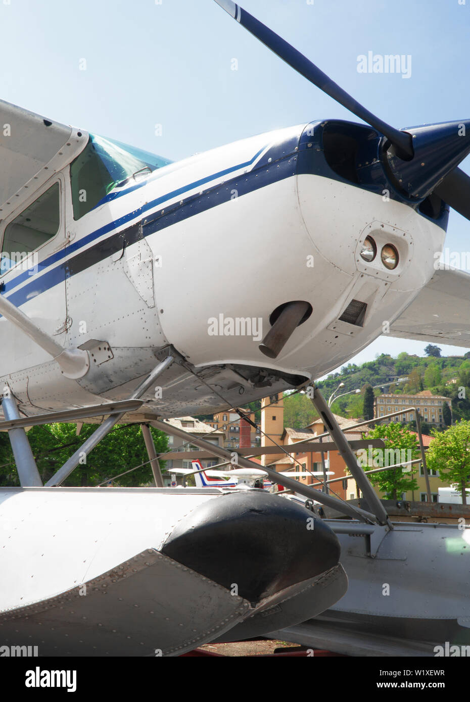 Close-up view of floatplane or seaplane standing. Stock Photo