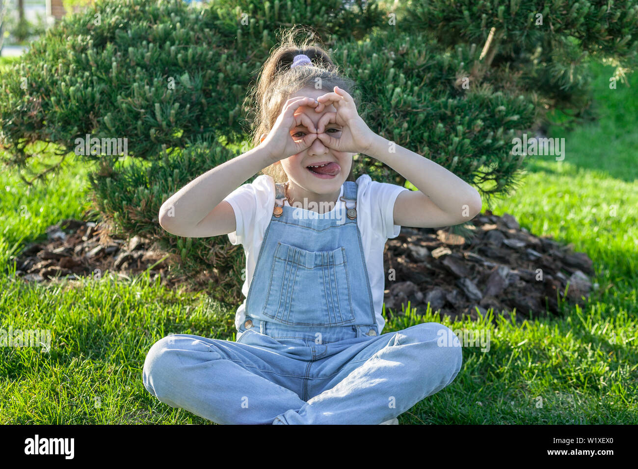 Happy Young Girl on the background of dwarf pines in the Japanese garden. Calm and happy teenager Stock Photo