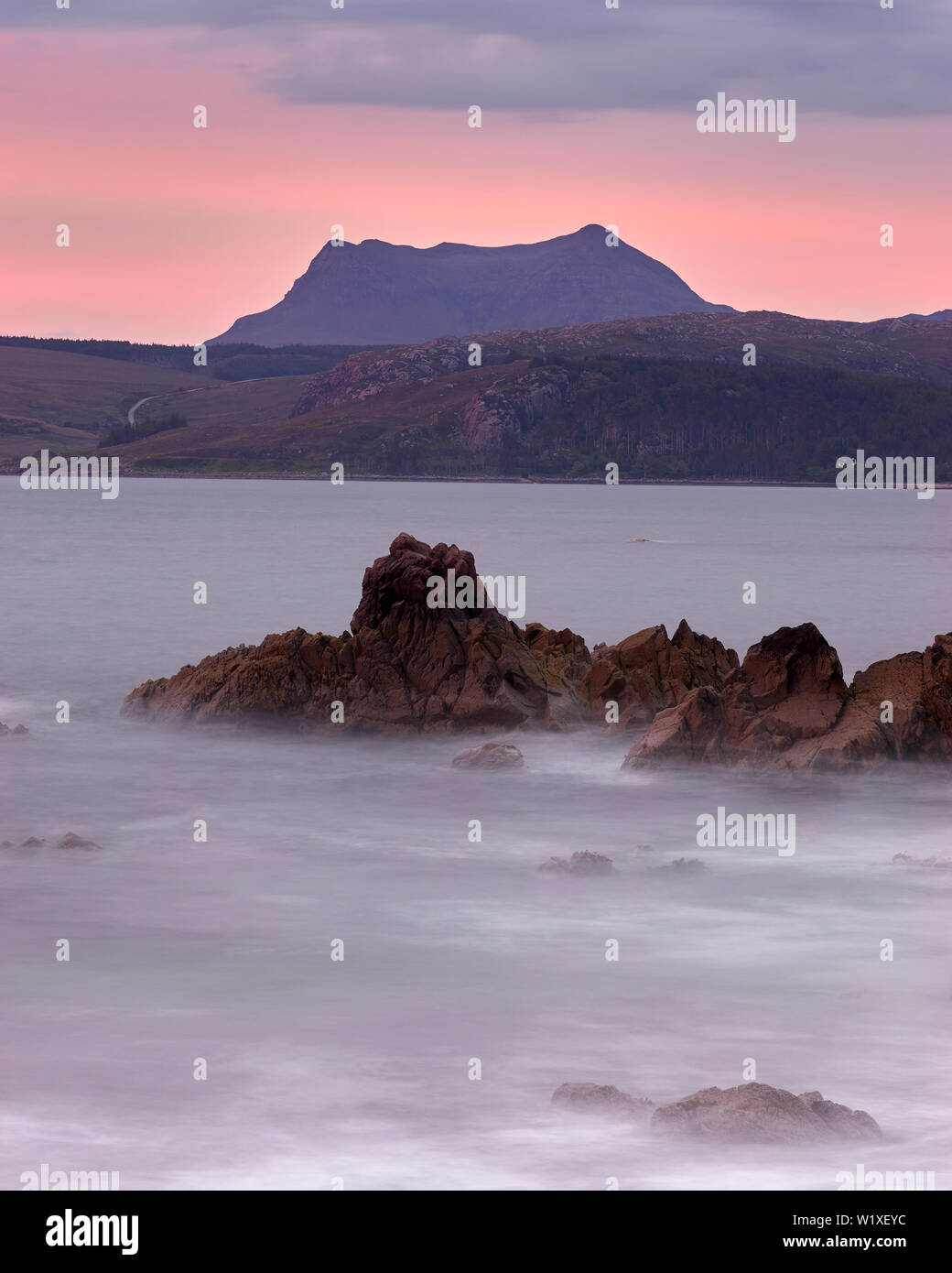 View to Beinn Grobhlach at sunset, Grunaird Bay, Wester Ross, Highland, Scotland Stock Photo