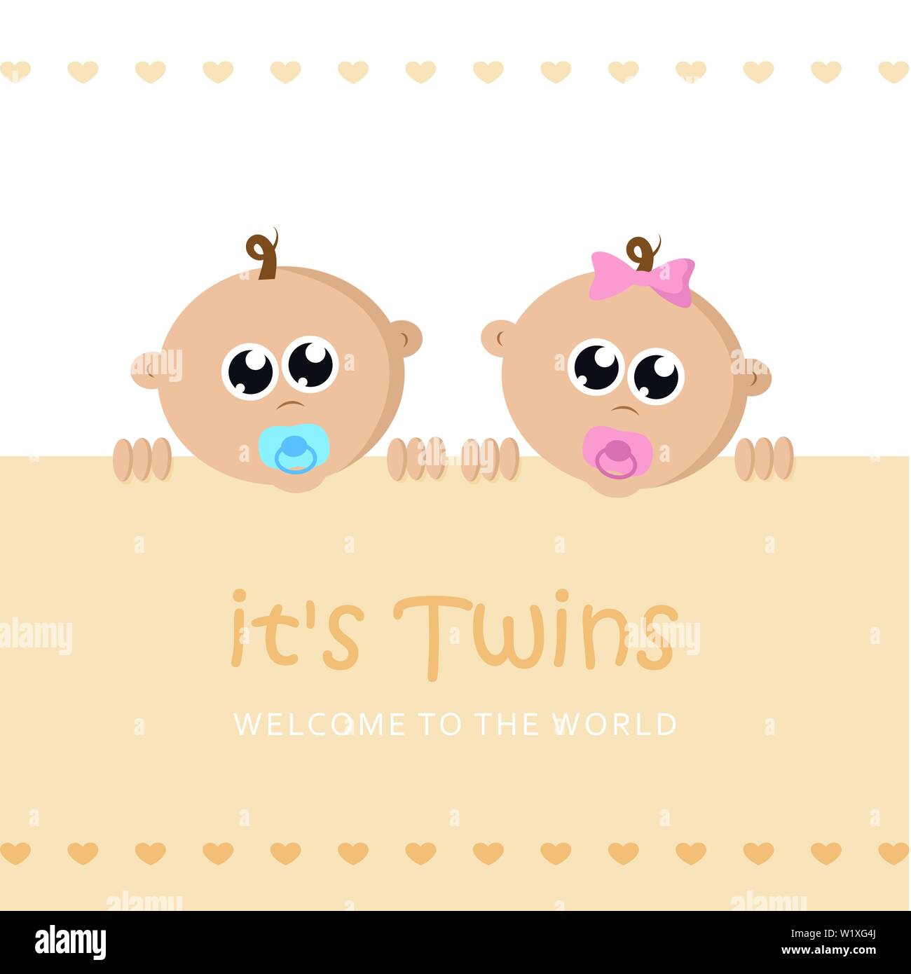 its twins boy and girl welcome greeting card for childbirth with baby face vector illustration EPS10 Stock Vector