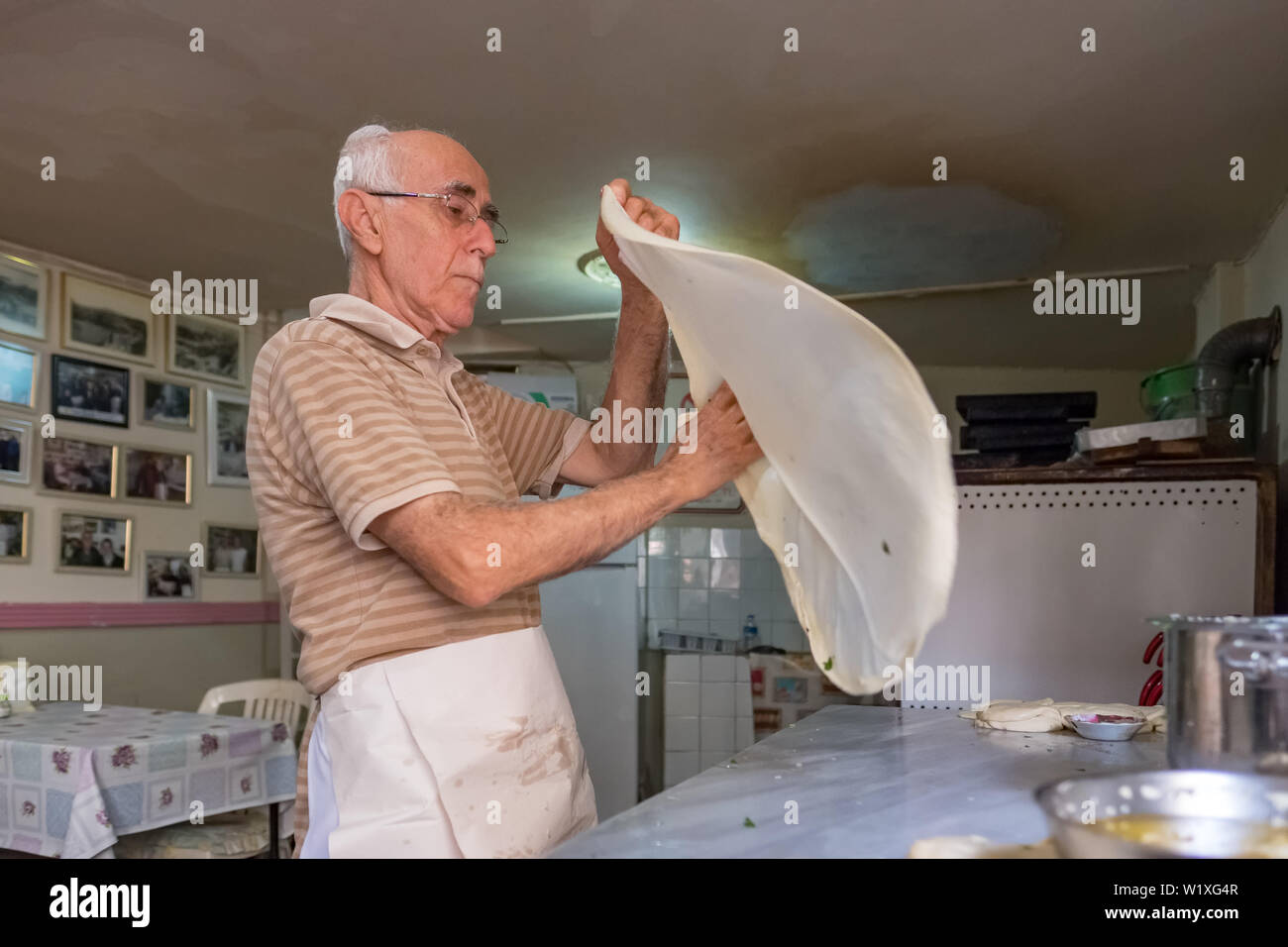 Legendary old cafe serving traditional turkish dish borek Burekci Tevfik in Antalya, Turkey Stock Photo