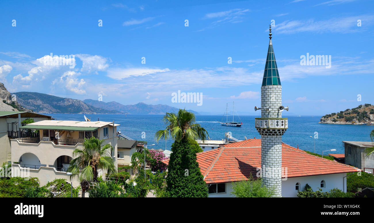 Sea landscape with minaret mosque in Turunc, Turunch Marmaris Mugla Stock Photo