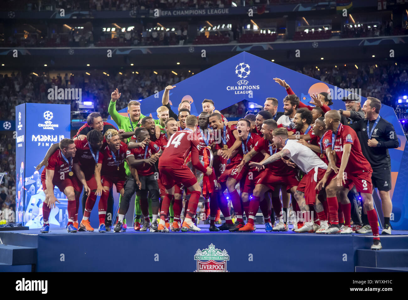 Liverpool FC V Tottenham Hotspur during the 2019 Champions League Final  held in Madrid, Spain. Liverpool won the game 2-0 to lift the trophy for  the 6th time. Featuring: Celebrations Where: Madrid,
