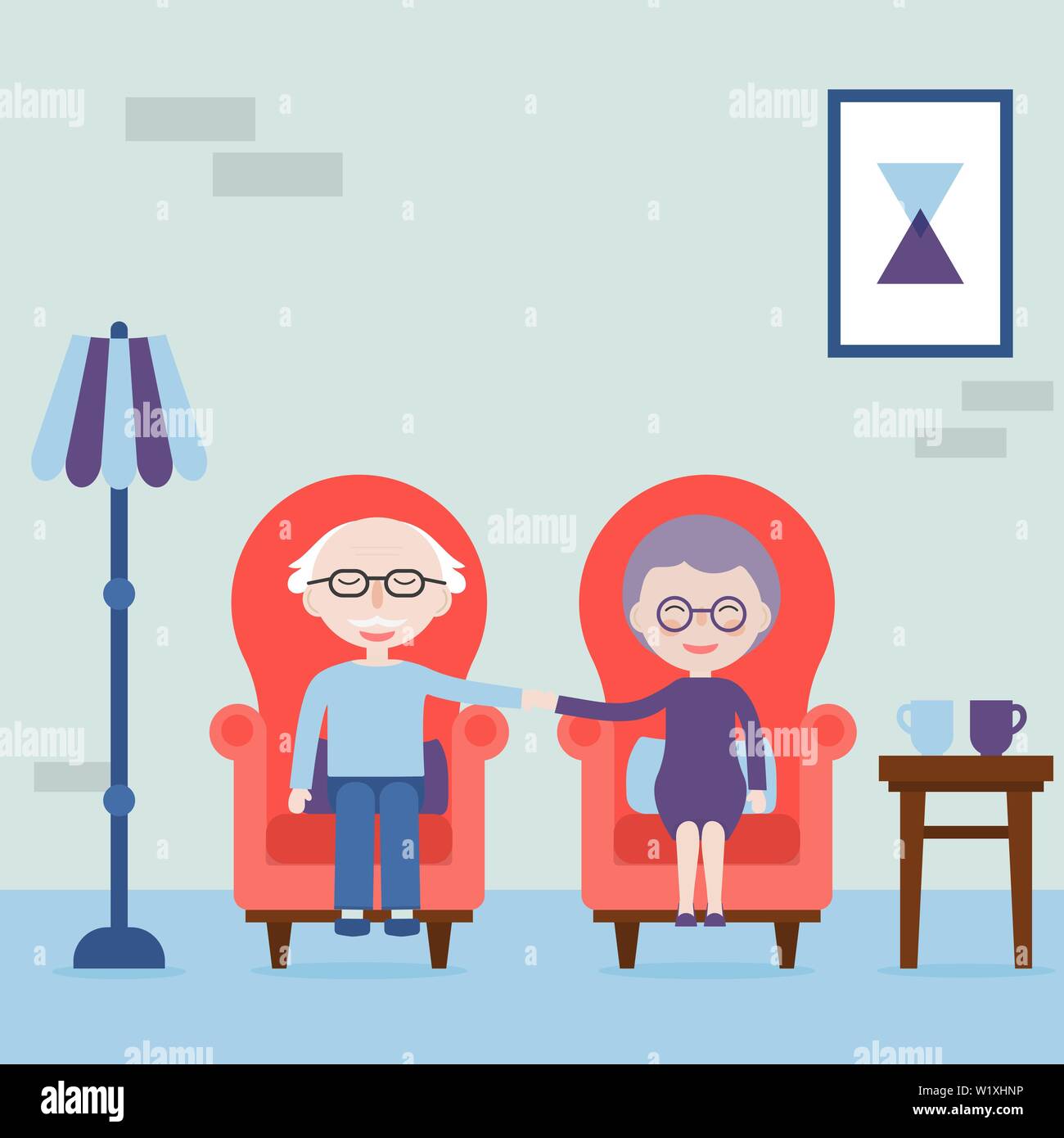 Grandfather and grandmother hold hands and sitting in armchair. Feel love always. The elderly happy and love. Vector illustration. Stock Vector