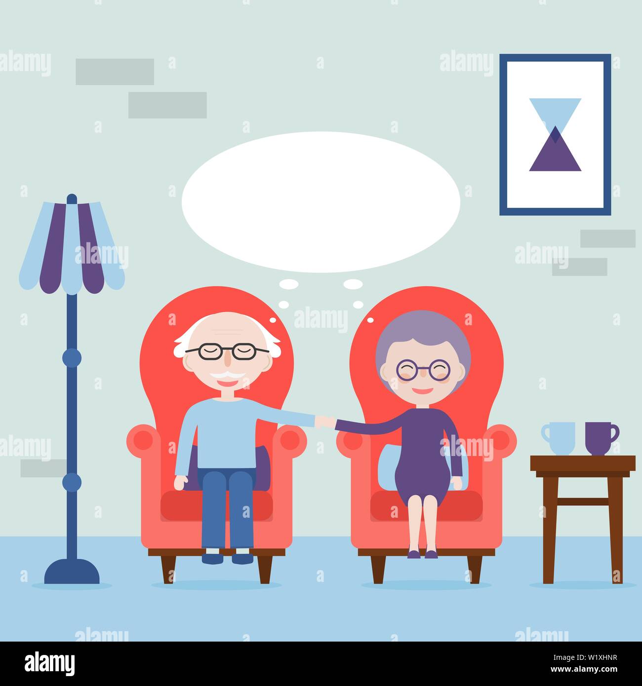 Grandfather and grandmother hold hands and sitting in armchair. Feel love always. Dreams of the elderly. The elderly happy and love. Vector illustrati Stock Vector
