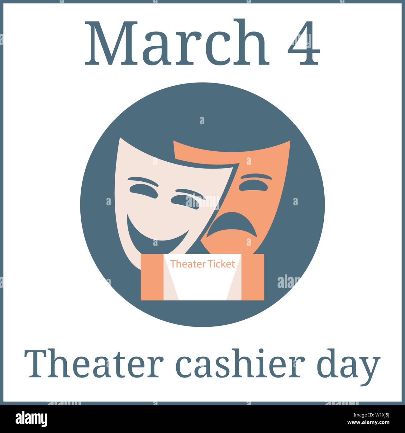 Theater cashier day, March 4. March holiday calendar. Theater masks isolated on white background. Theater logo, icon. Vector illustration for your des Stock Vector