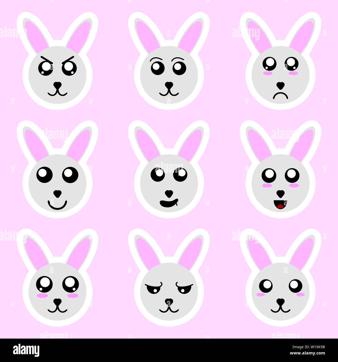 Set of rabbit stickers. Different emotions, expressions. Sticker in