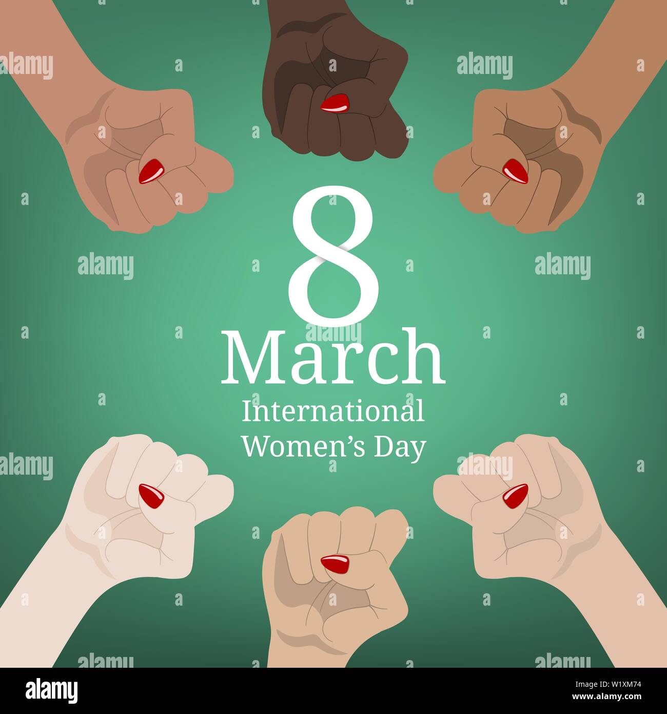 International Women's Day Banner. Women's March. Multinational Equality. Female hand with her fist raised up. Girl Power. Feminism concept. Vector ill Stock Vector