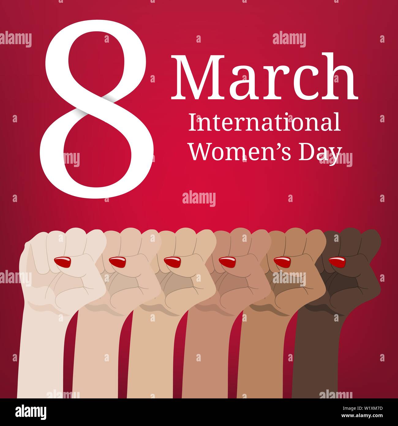 International Women's Day. Women's March. Multinational Equality. Female hand with her fist raised up. Girl Power. Feminism concept. Vector illustrati Stock Vector