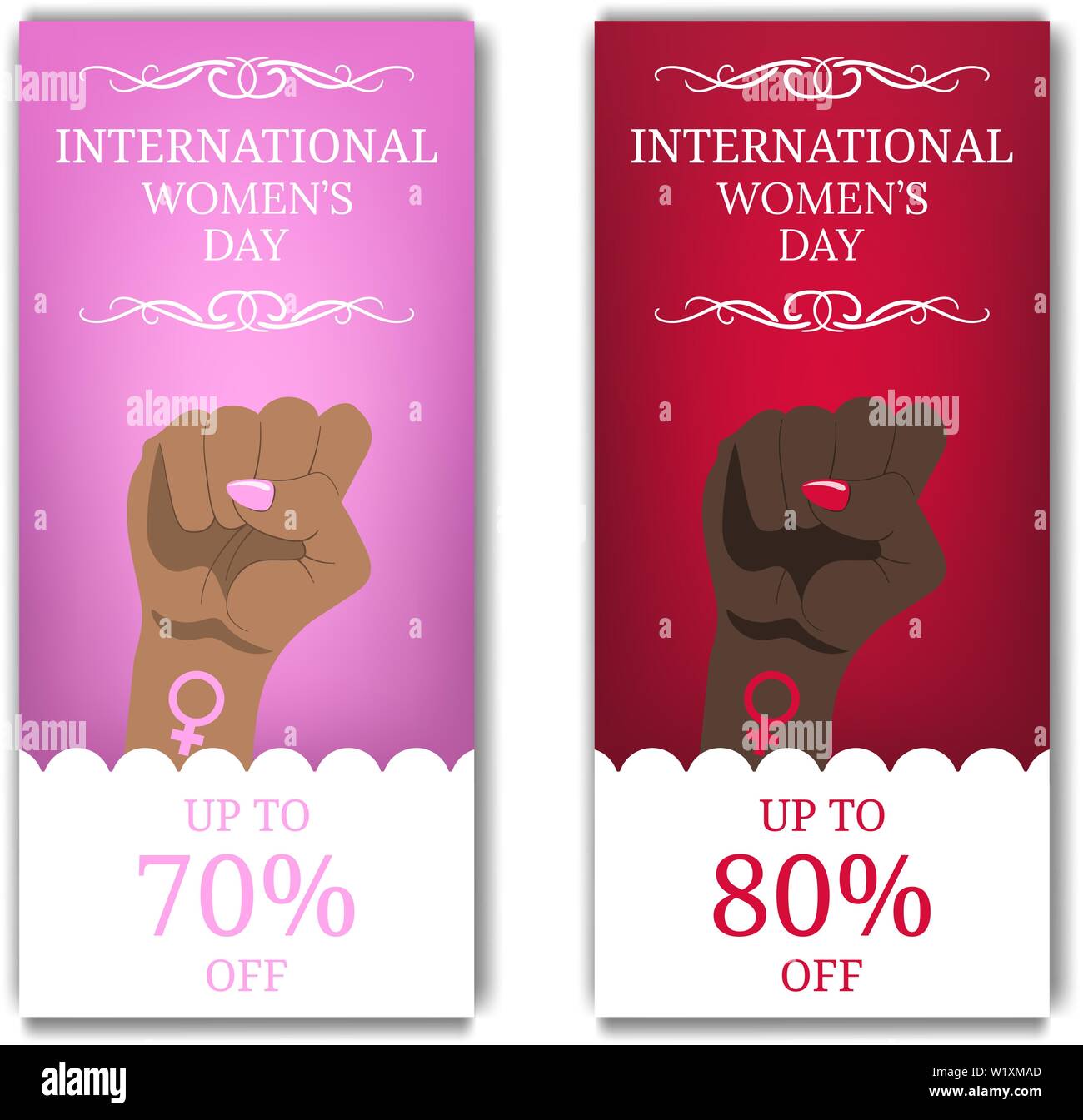 International Women's Day Discount, Flyer, Brochure. Women's March. Multinational Equality. Female hand with her fist raised up. Girl Power. Feminism Stock Vector