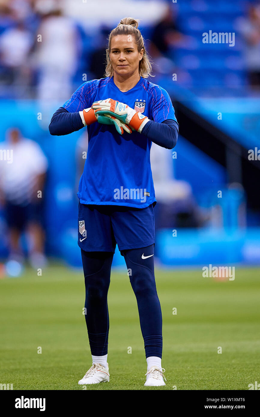 LYON, FRANCE - JULY 02: Ashlyn Harris of the USA looks on prior to the 2019  FIFA Women's World Cup France Semi Final match between England and USA at  Stade de Lyon