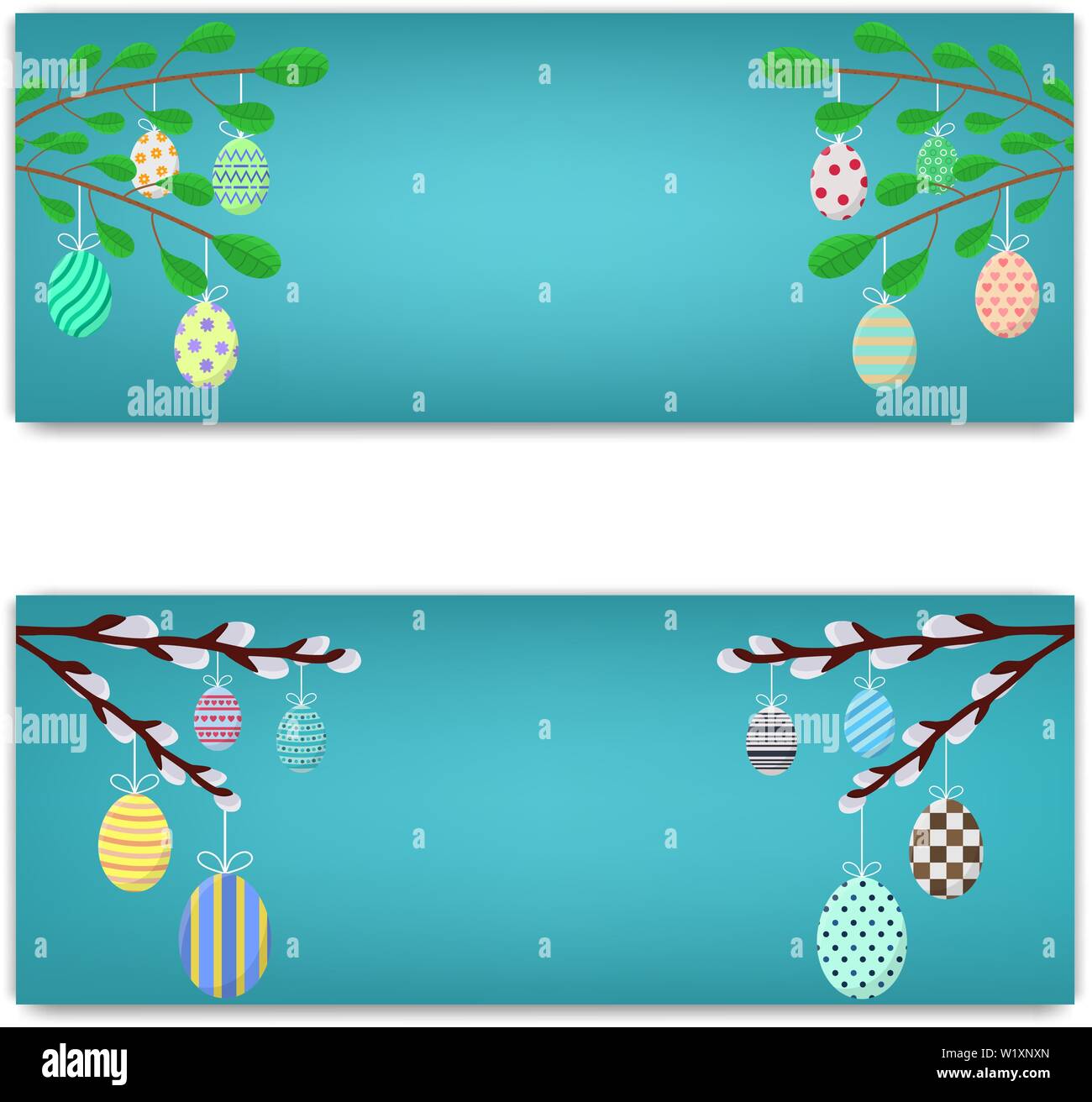 Template of Easter Discount, Brochure, Postcard, Flyer with Space for Text. Greeting or Invitation with Green Branches and Willow Twigs. Hanging Eggs. Stock Vector