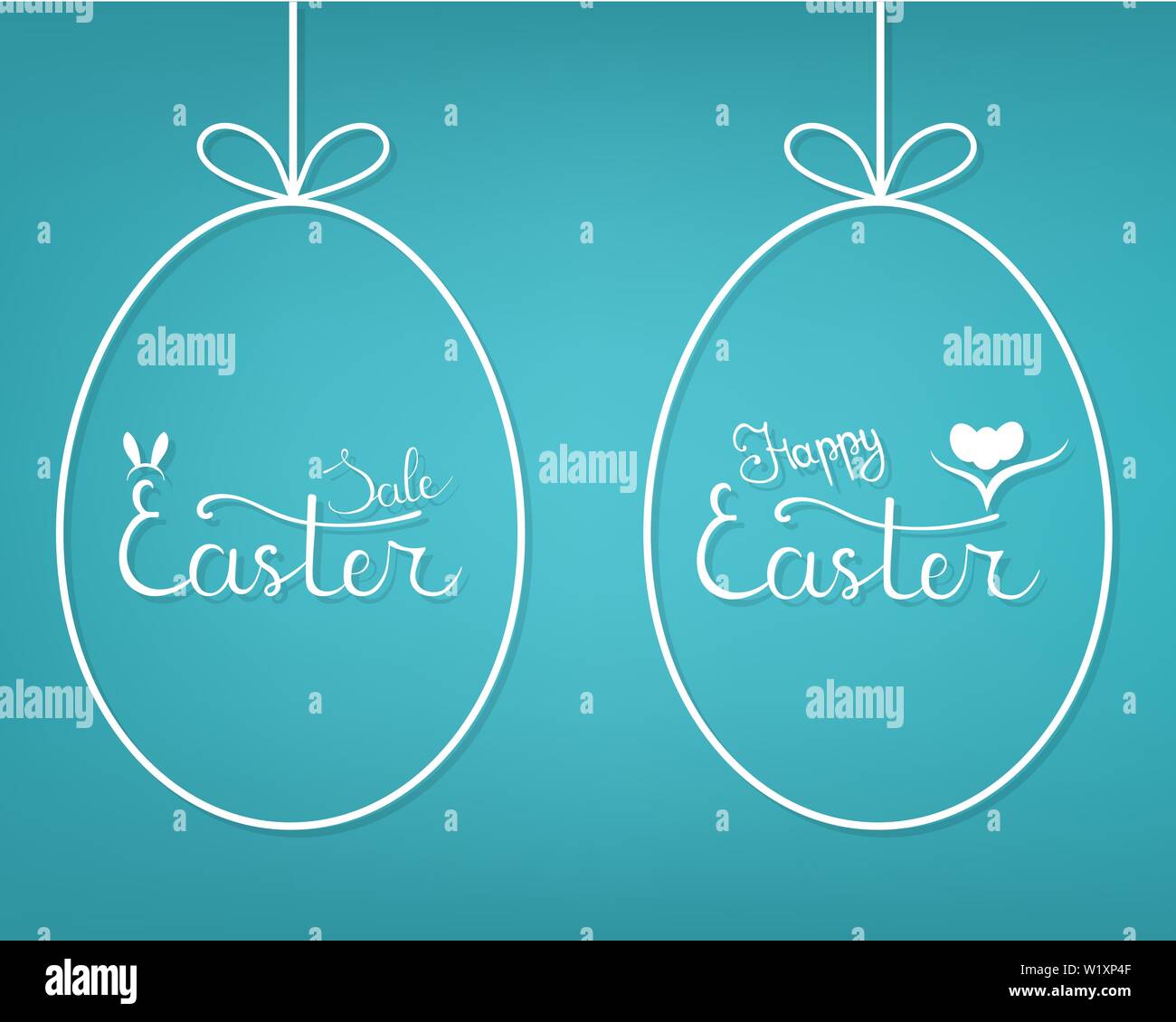 Vector Template of Hanging Egg Form with Lettering Easter Sale and Happy Easter on blue background. For Easter Sale Banner, Flyer, Brochure, Postcard. Stock Vector