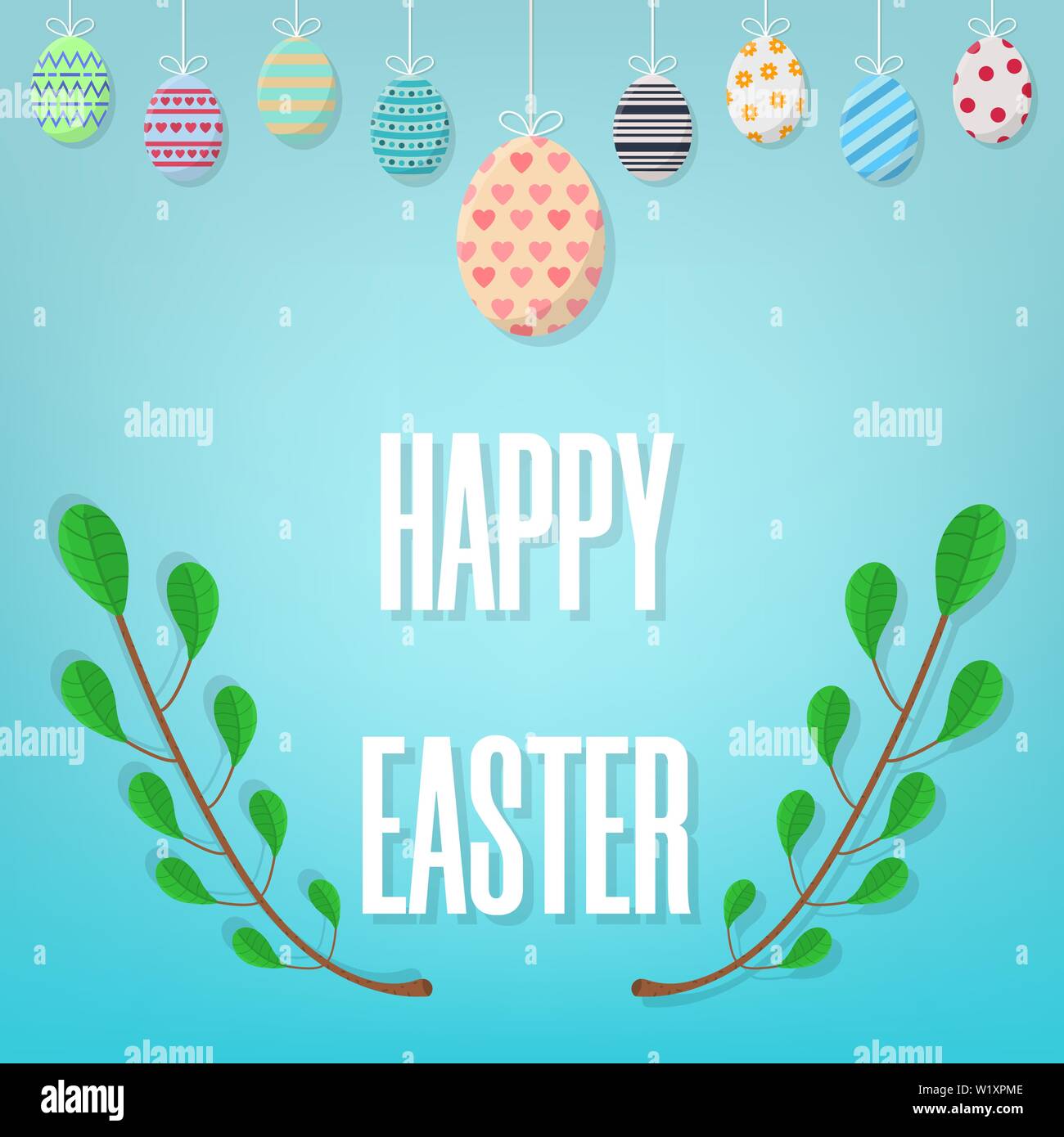 Happy Easter on Blue Background. Different Hanging Easter Eggs. Green Branches. Vector illustration for Your Design, Web. Stock Vector