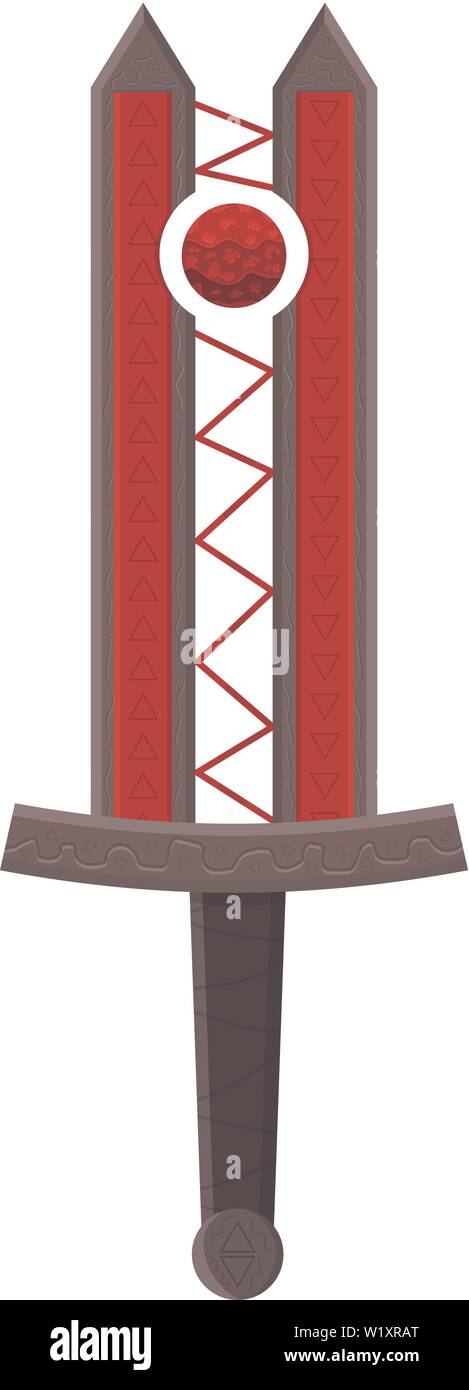 Vector Magic Sword isolated on white background. Creative Twin Dagger with Red Magic Sphere. Vector illustration for Design, Game, Web. Stock Vector