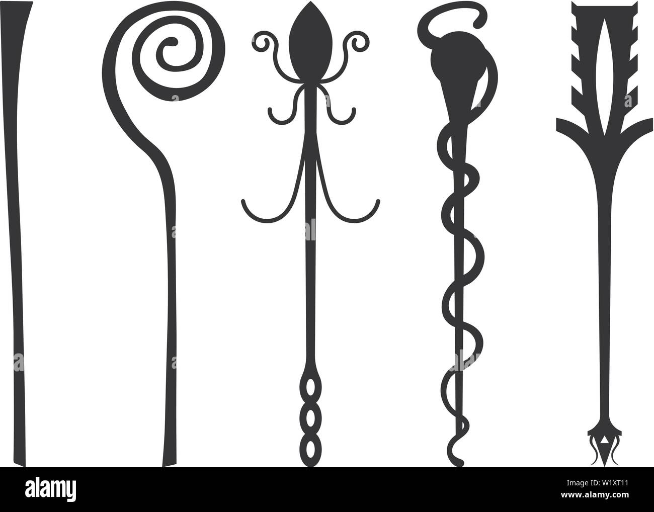 Set of Black Silhouette Staff Icons isolated on white background. Magic Wand, Scepter, Stick, Rod. Vector Illustration for Your Design, Game, Card, We Stock Vector