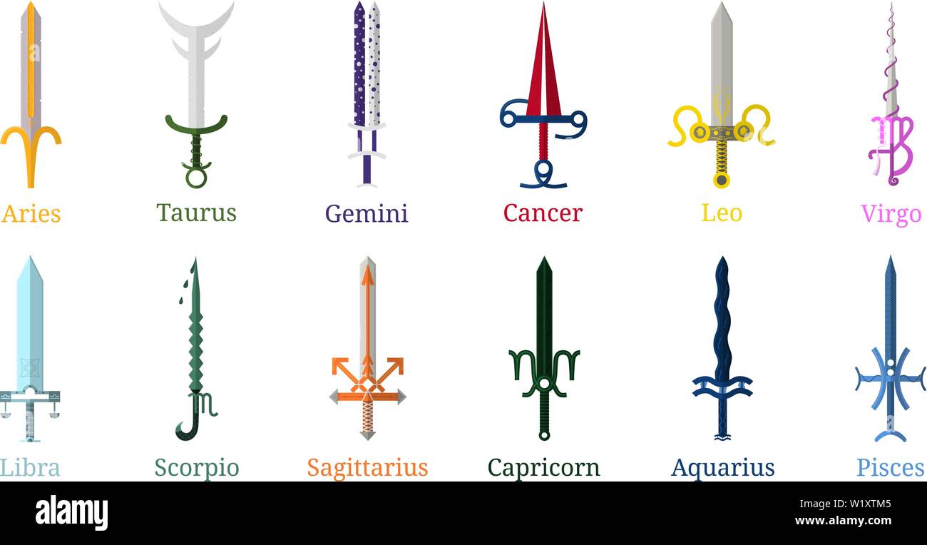 Set of 12 Zodiac Swords isolated on white background. Zodiacal Weapon
