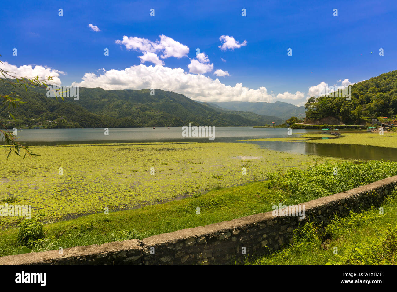 Phewa Lake a Colorful Sunny day,blue sky with clouds and green hills Pokhara Nepal Stock Photo
