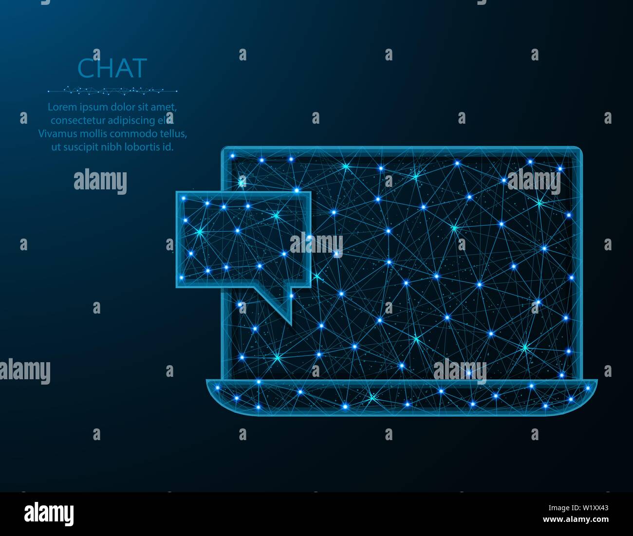 Chat low poly design, Laptop in polygonal style, one new message vector illustration on blue background Stock Vector