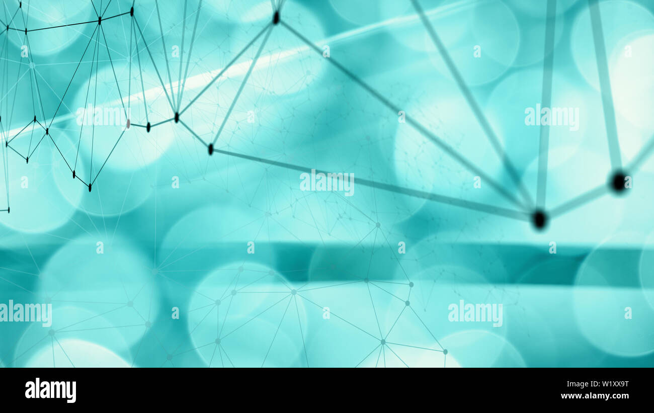 Triangles lines connect the dots, mint green bokeh background, new tech algorithm Stock Photo