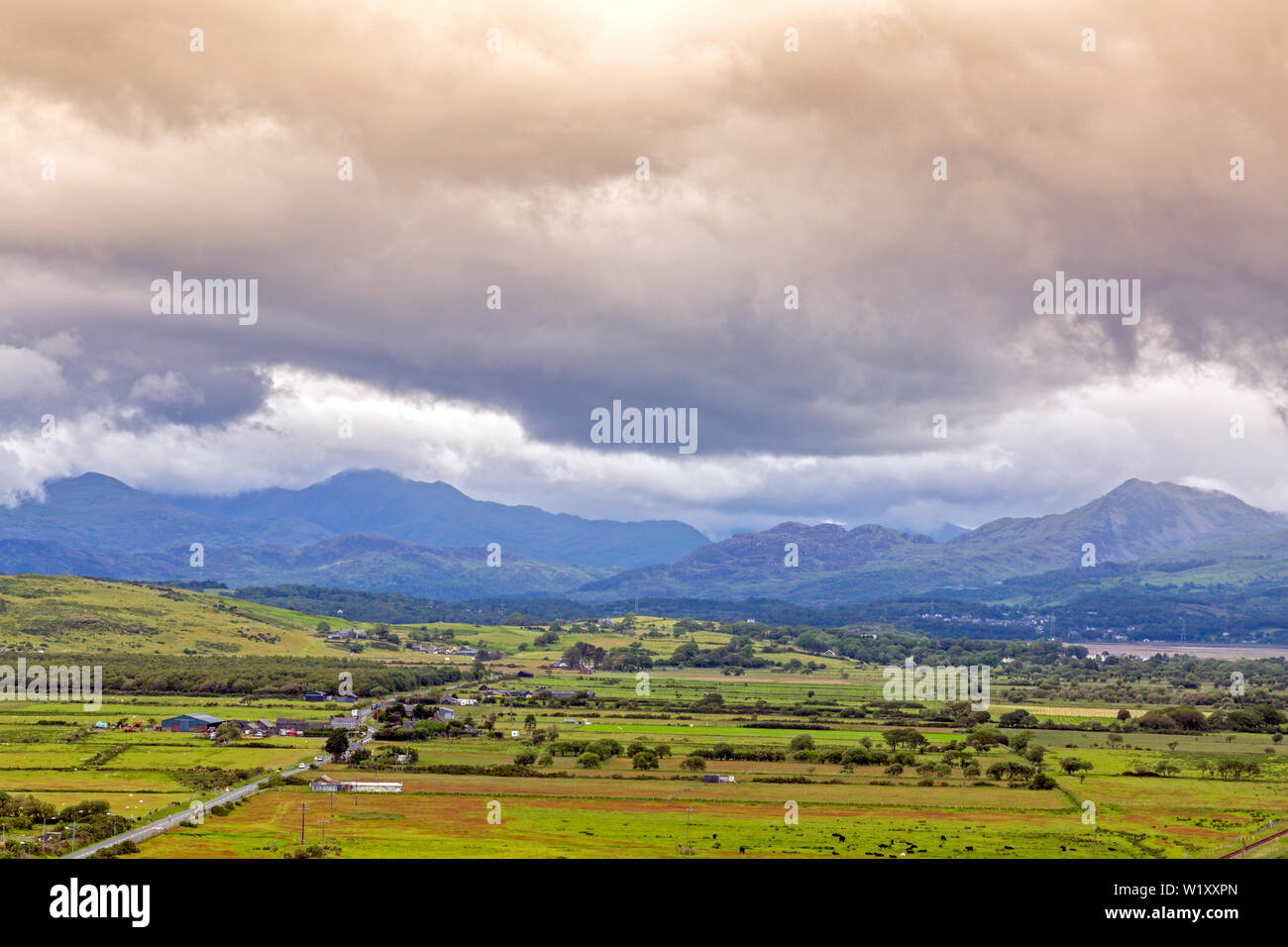 Looking north towards the mountains of Snowdonia from the top of the Castle in Harlech, Gwynedd, Wales, UK Stock Photo
