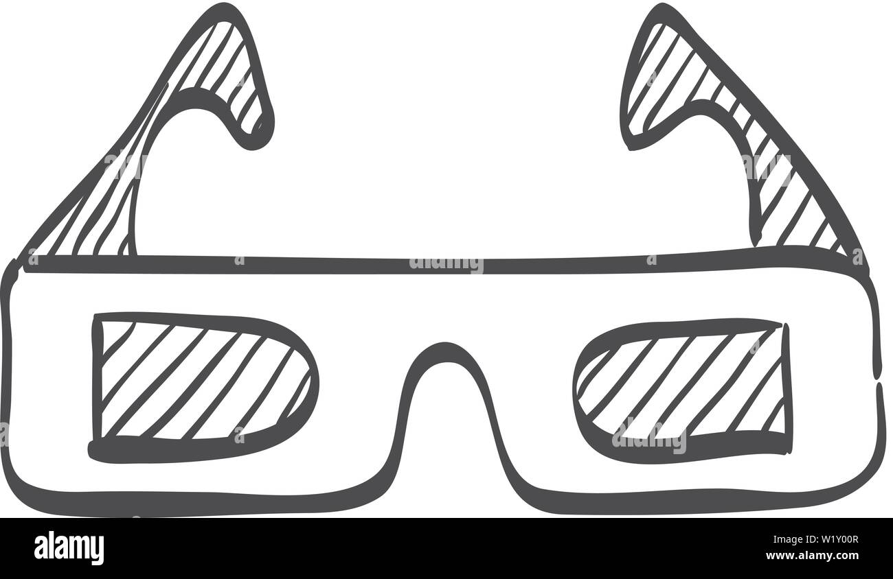 3D glasses icon in doodle sketch lines. Object entertainment three