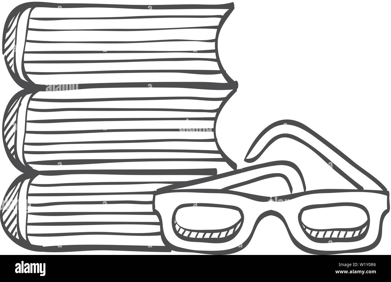 Books and glasses icon in doodle sketch lines. Education student college research library Stock Vector