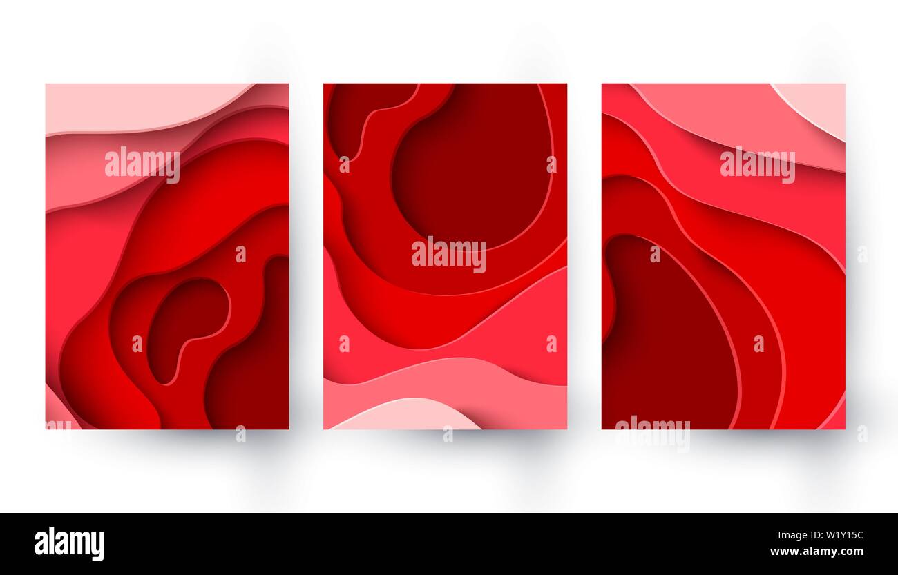 Set of three World Blood Donor Day vector paper cut banners. Abstract medical backgrounds with red paper cut blood color layers. 14 june. Hemophilia d Stock Vector