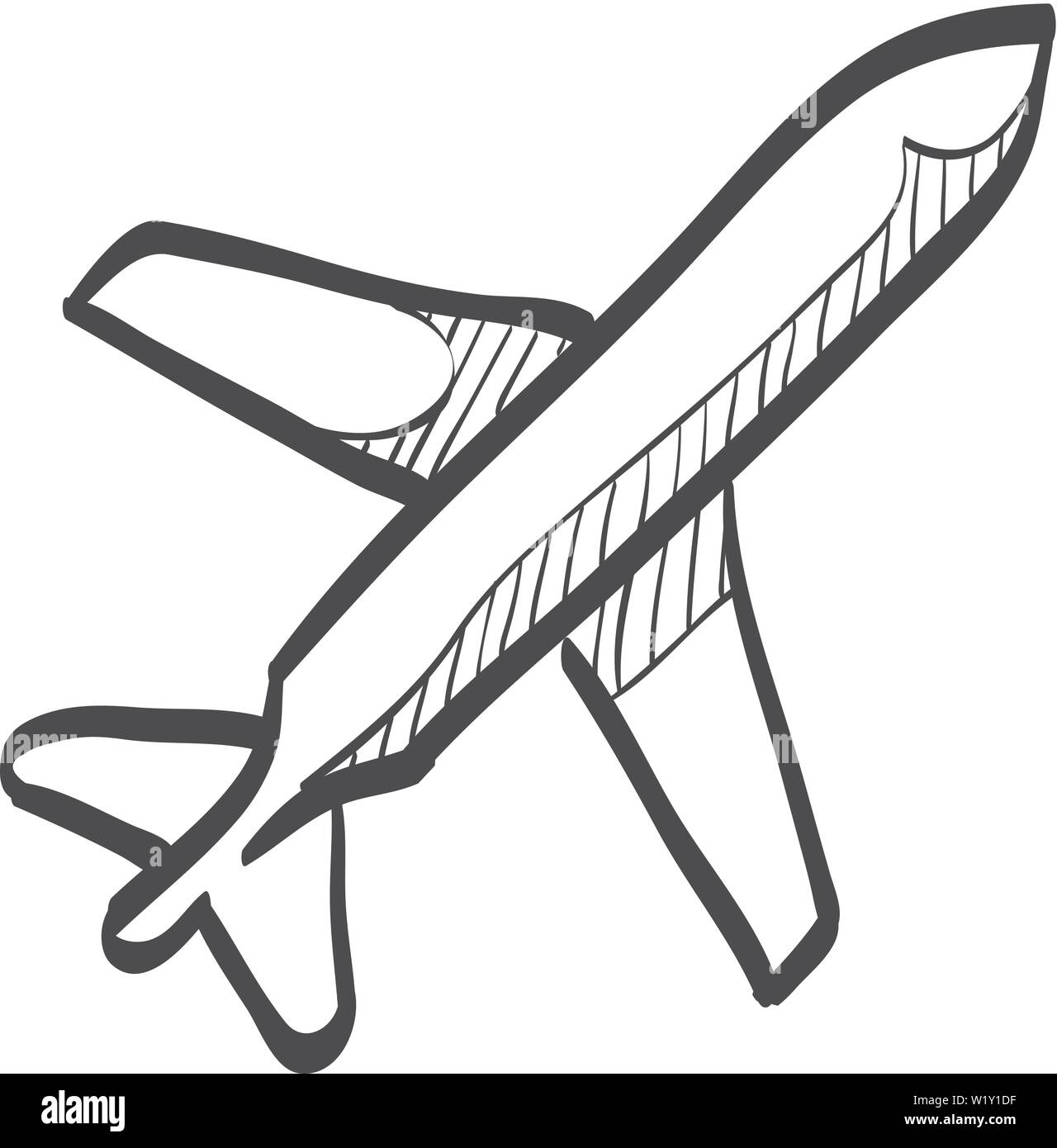 Airplane icon in doodle sketch lines. Aviation transportation take-off travel passenger top view Stock Vector