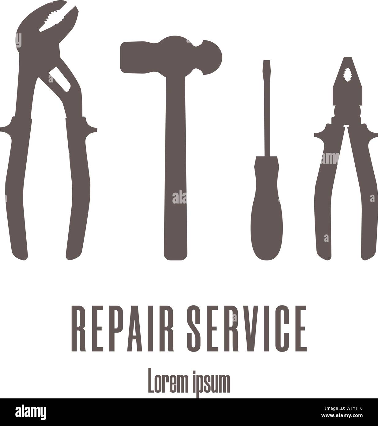 Silhouette icons of a hammer, screwdriver, pliers. Repair service logo