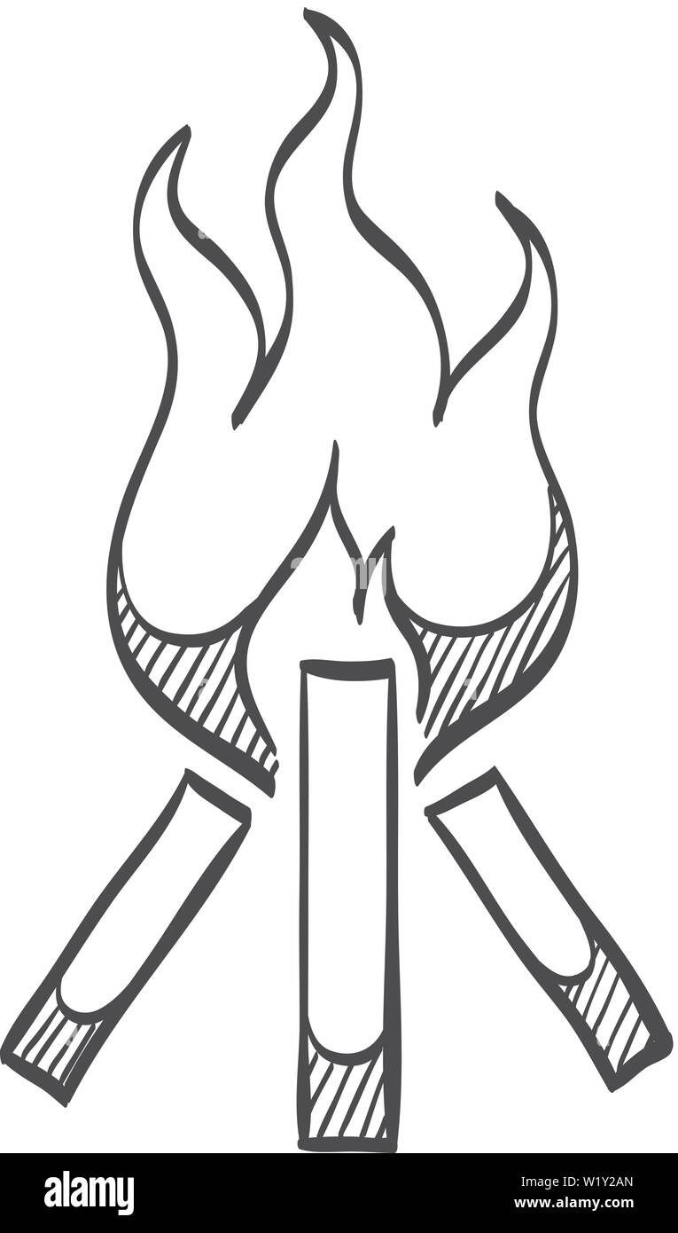 Camp fire icon in doodle sketch lines. Camping burn heat wild fire ...