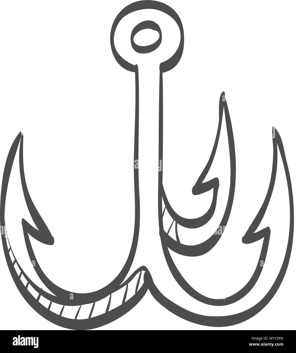 Fishing hook icon in doodle sketch lines. Sport leisure water sea