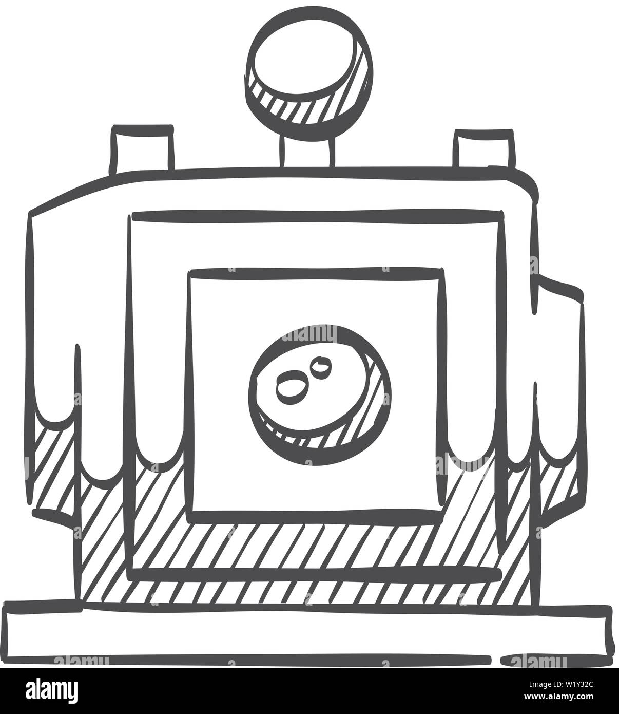 Large format camera icon in doodle sketch lines. View field sheet film