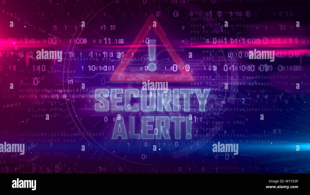 Security alert hologram intro on dynamic background. Modern and futuristic concept of cyber attack, computer security, warning sign and digital protec Stock Photo