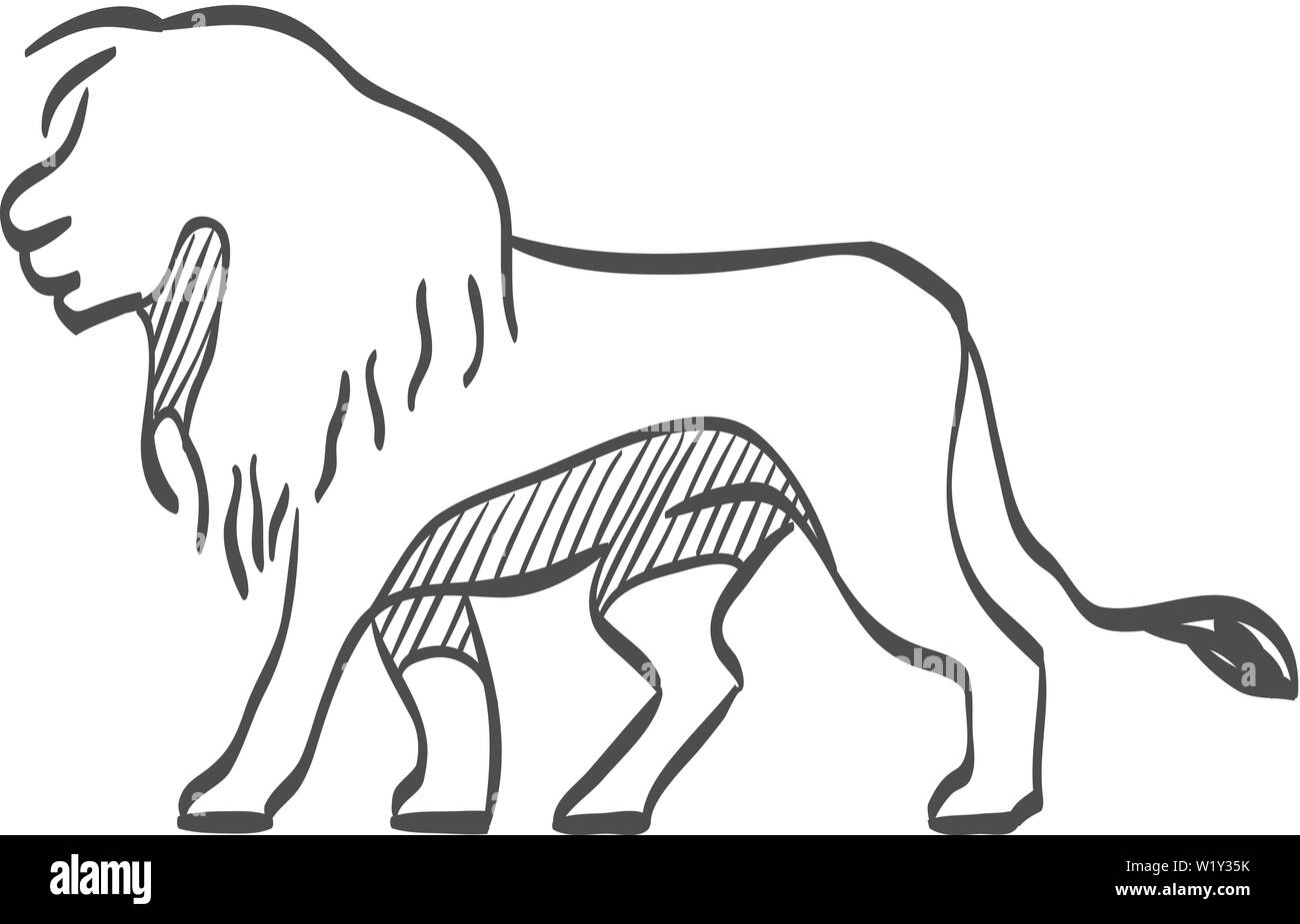 Lion icon in doodle sketch lines. Silhouette logo mammal carnivore jungle zoo safari Stock Vector