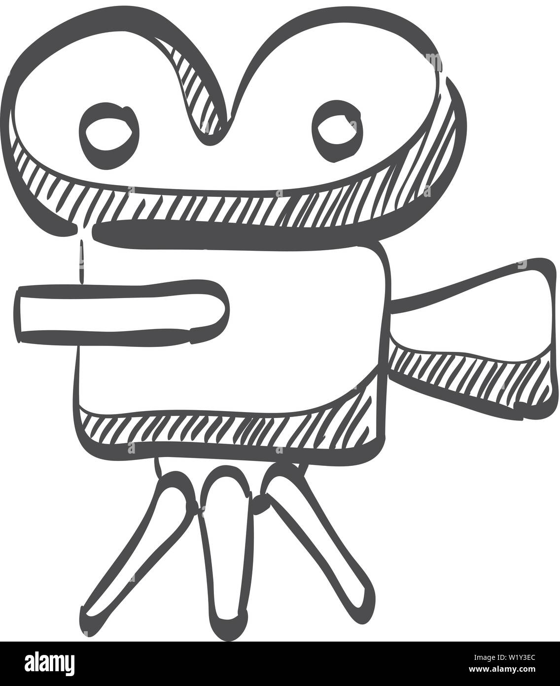 Movie camera icon in doodle sketch lines. Technology entertainment