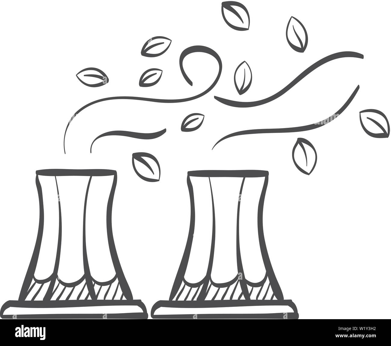 Nuclear plant with leaves icon in doodle sketch lines. Go green, environment friendly Stock Vector