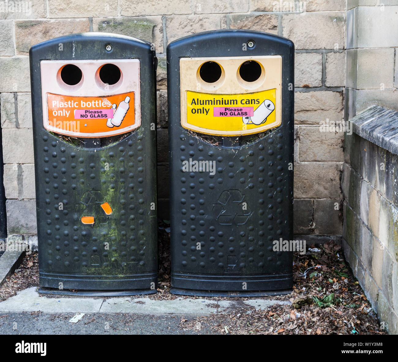 Recycling bins at Rothbury,England,UK for plastic bottles and aluminium