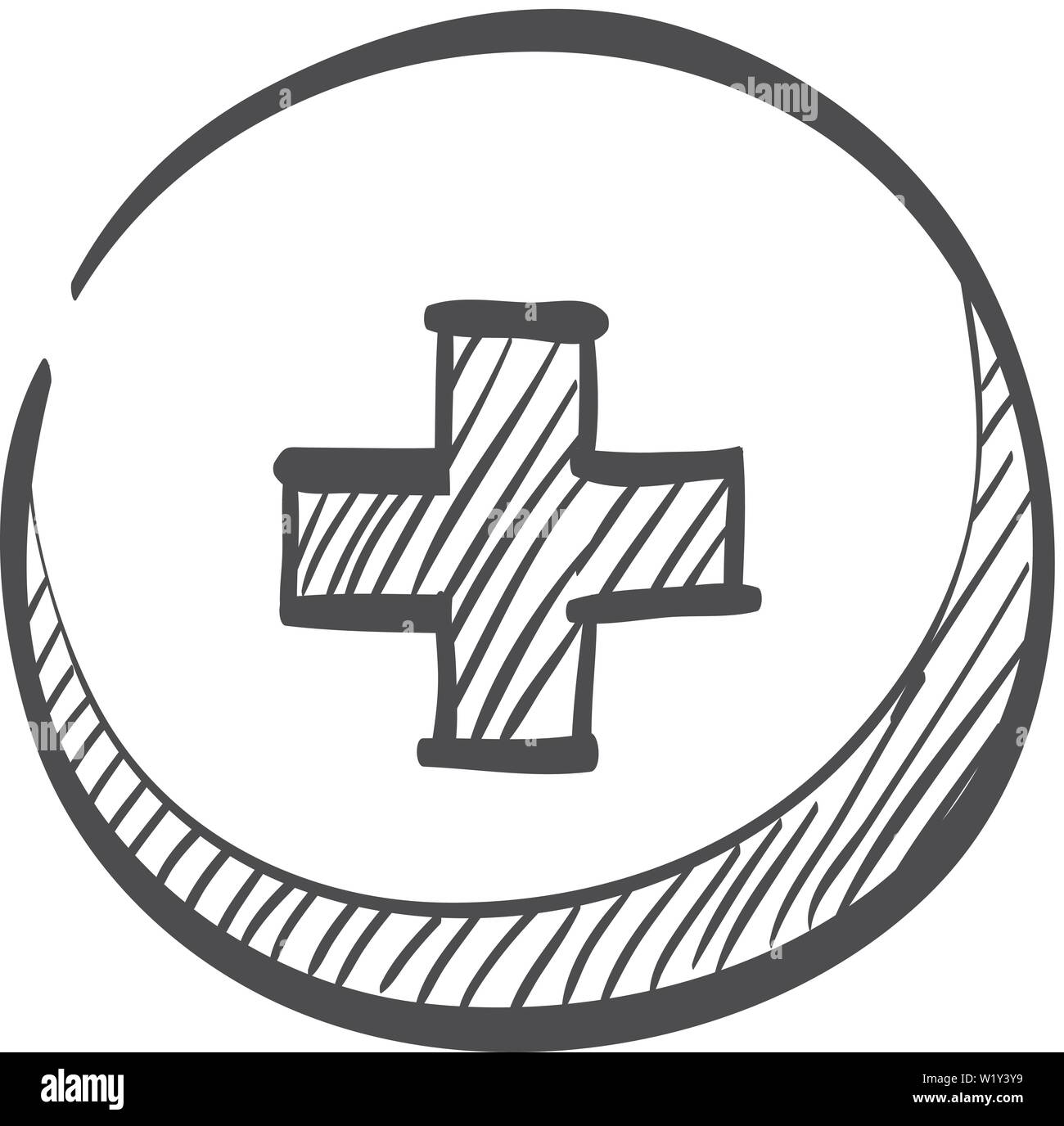 Plus sign icon in doodle sketch lines. Symbol add bookmark medical health care ambulance Stock Vector