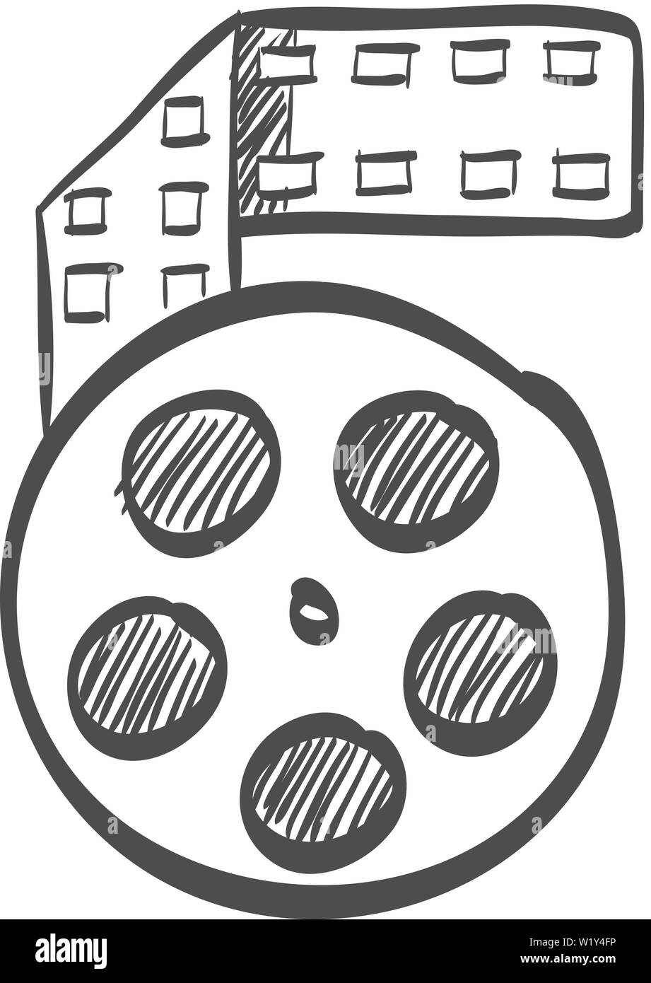 Cinema film icon in doodle sketch lines. Computer data movie