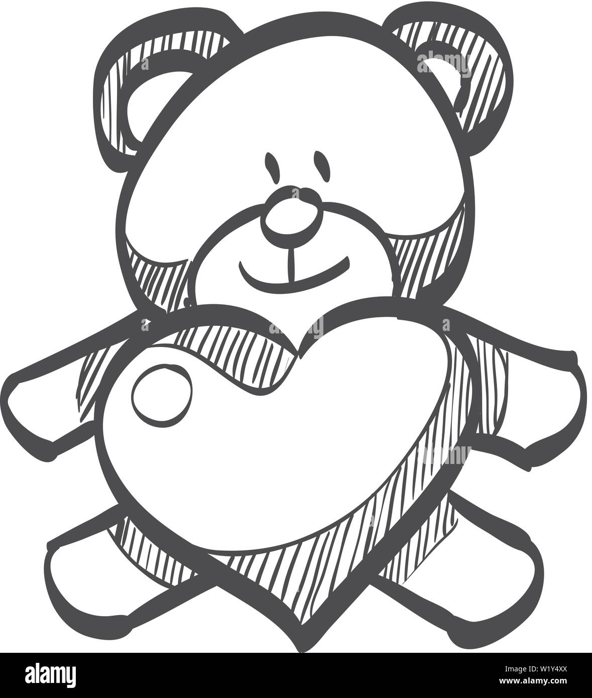 Teddy holding heart shape icon in doodle sketch lines. Valentine love couple present Stock Vector