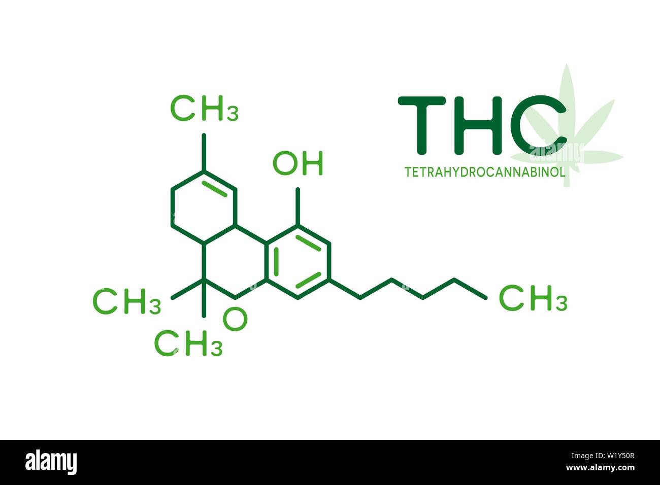 THC molecular formula. Tetrahydrocannabinol molecule structure on white background. Stock Vector