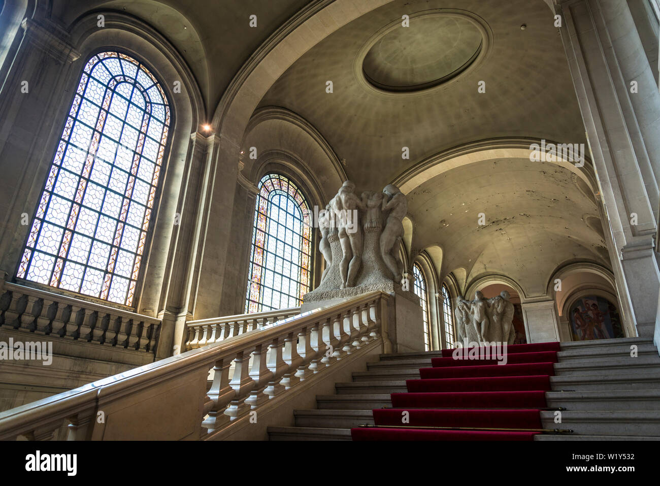 Interior with group sculpture on the staircase, Art and history museum, the largest museum in the city, Geneva, Switzerland Stock Photo
