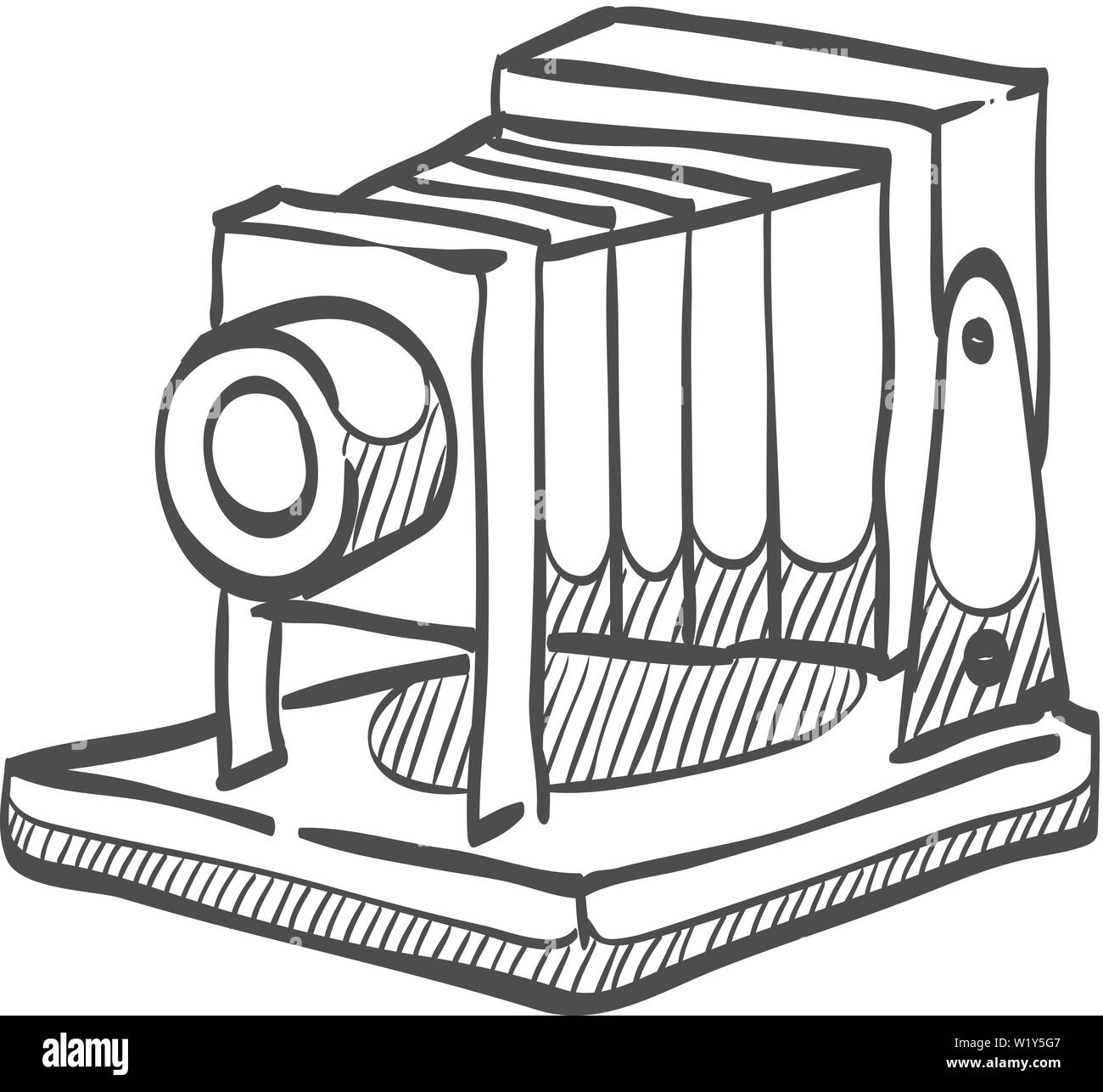 Large format camera icon in doodle sketch lines. View field sheet film