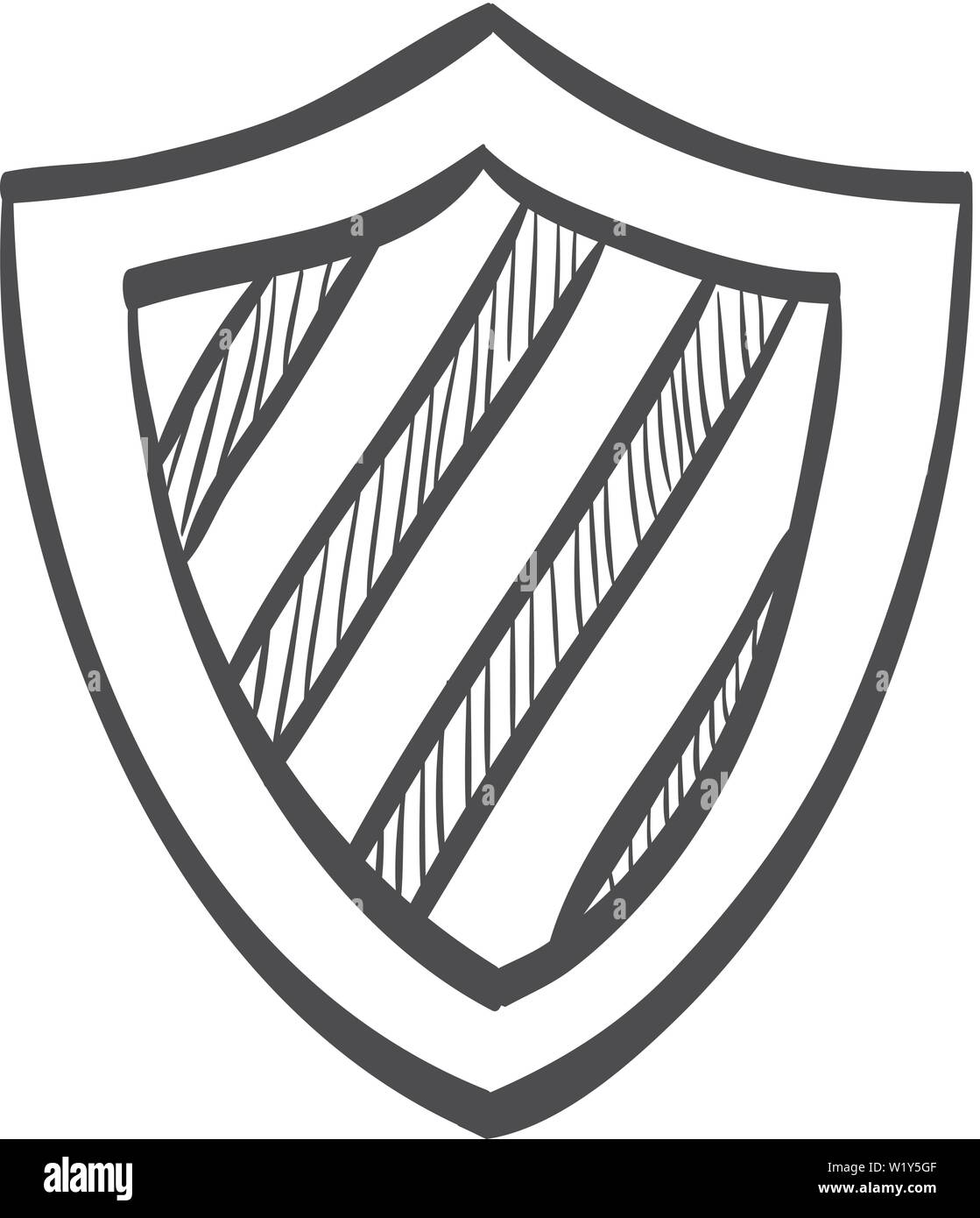 Stripe shield icon in doodle sketch lines. Protection, safety, guard, computer antivirus Stock Vector