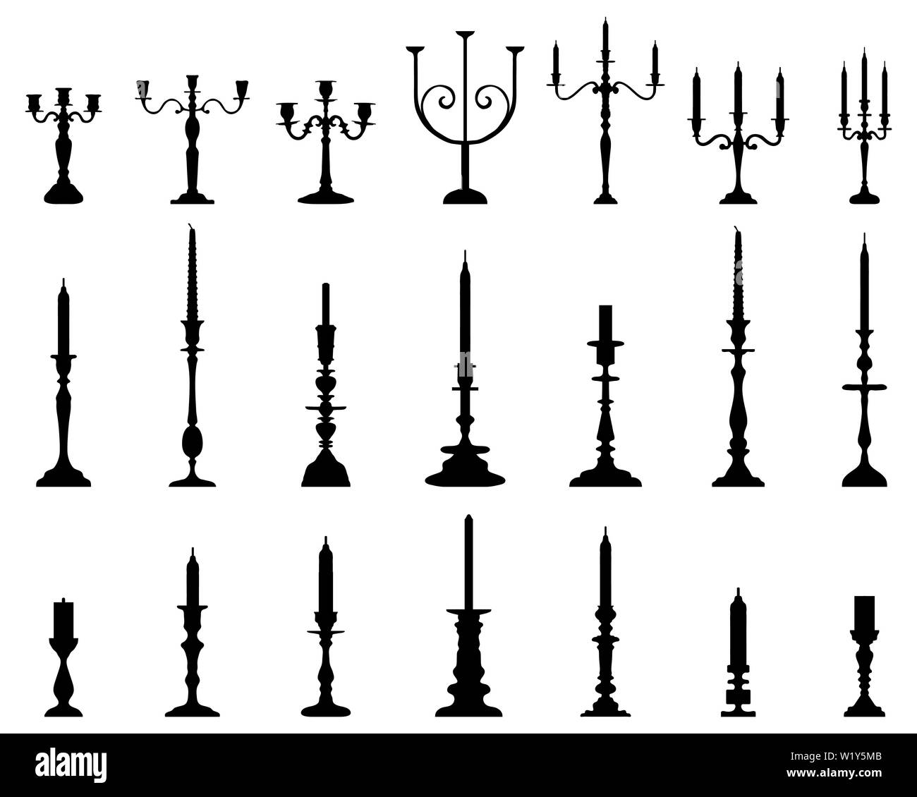 Black silhouettes of candlesticks on a white background Stock Photo