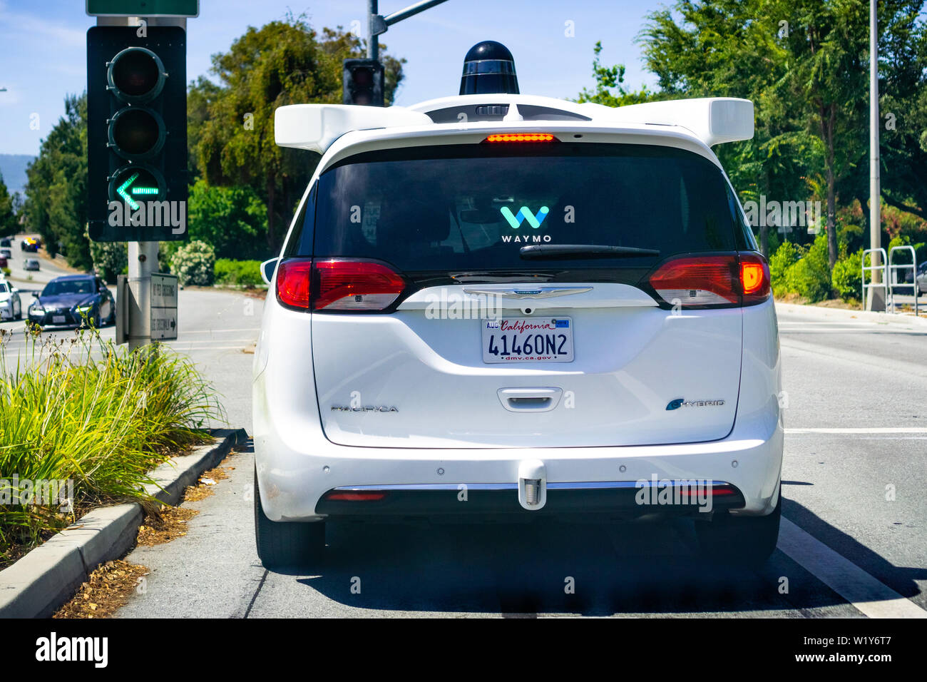 July 1, 2019 Mountain View / CA / USA - Waymo self driving car performing tests on a street near Google's headquarters, Silicon Valley; Waymo, a subsi Stock Photo