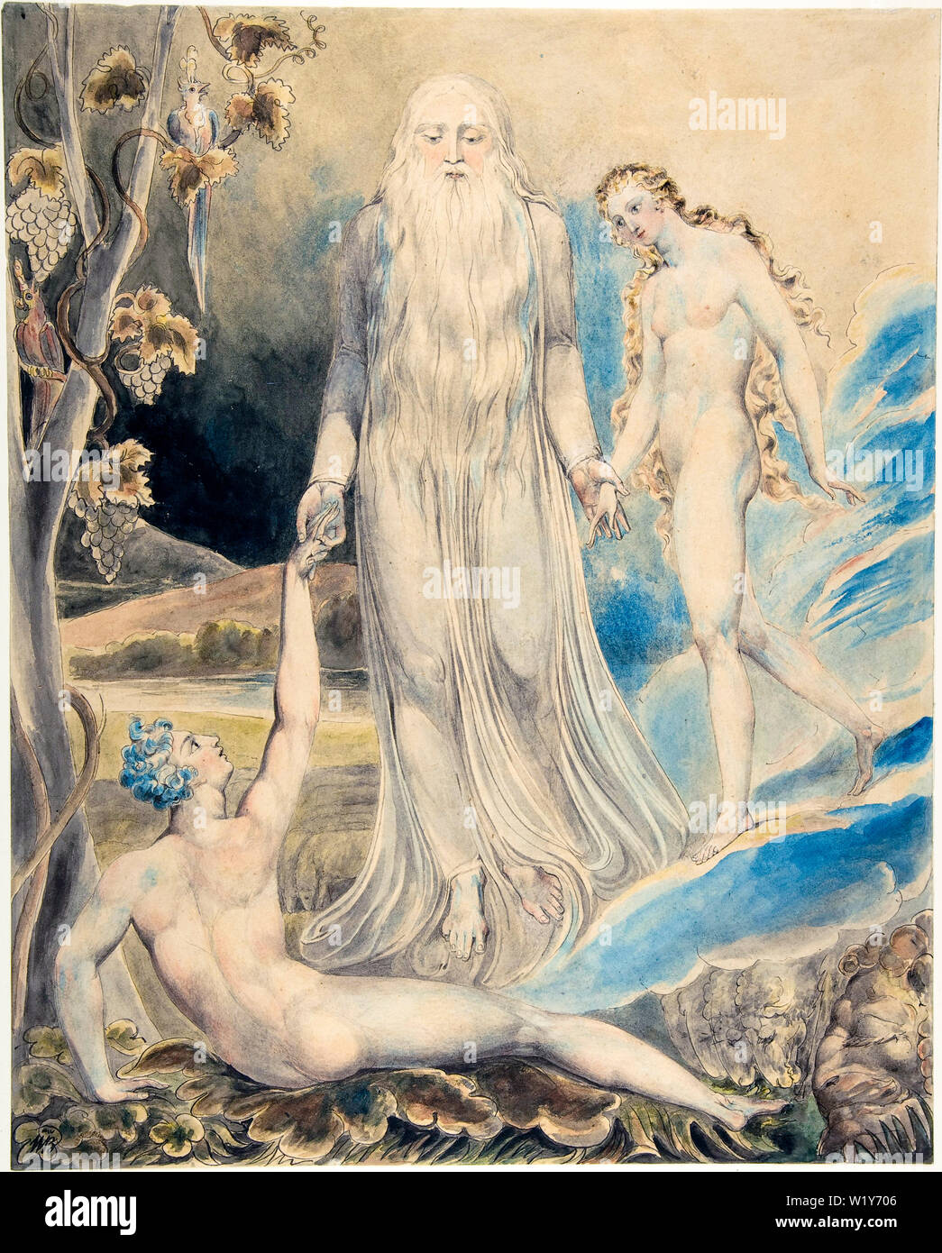 William Blake, Adam and Eve, Angel of the Divine Presence Bringing Eve to Adam, The Creation of Eve, watercolour painting over pen and ink, circa 1803-1805 Stock Photo