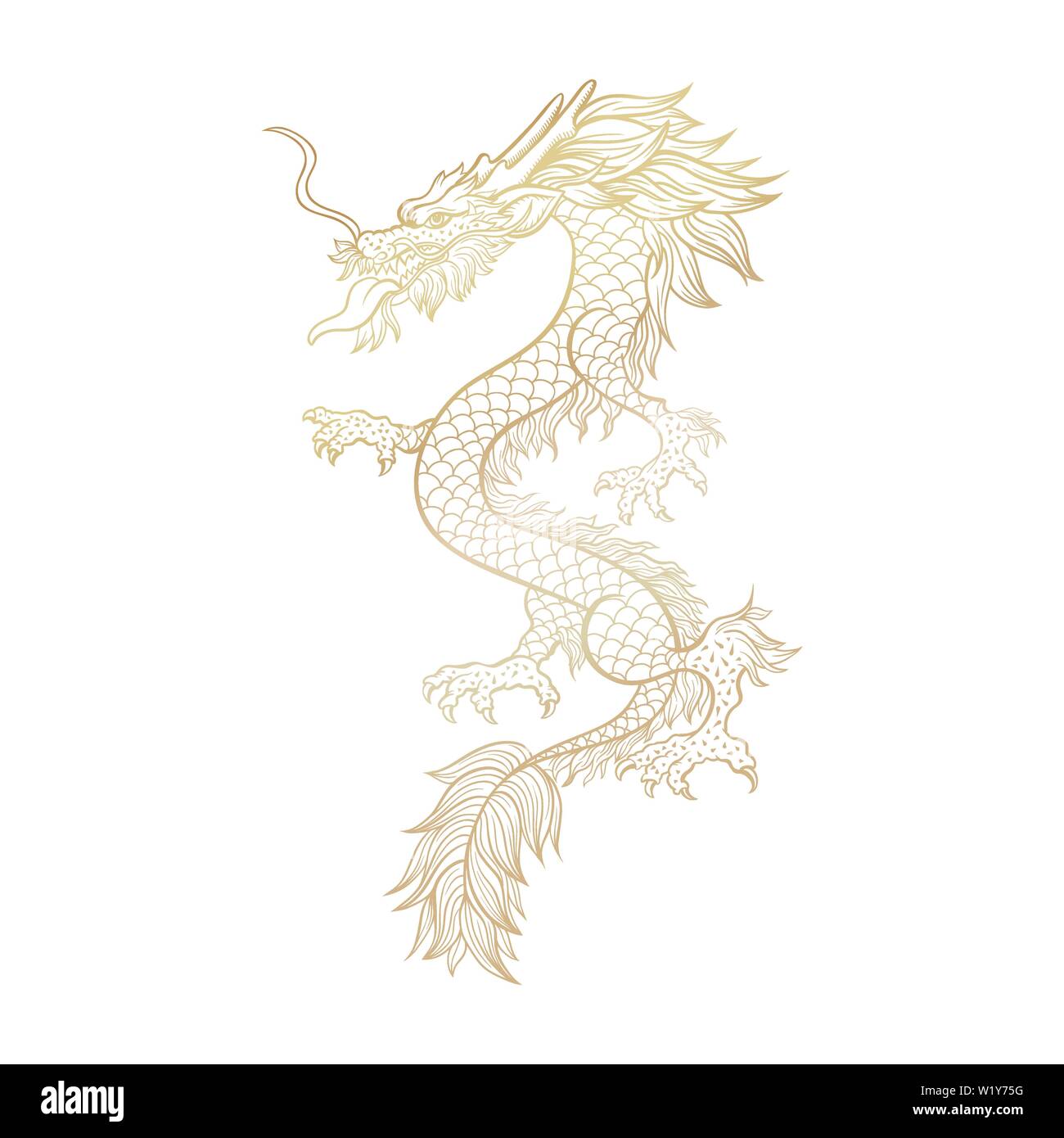 Golden Chinese mythic dragon laser cut file for plotter. Legendary oriental mythological creature on white background. Asian ceremonial serpent in threatening pose. Vertical hand drawn illustration. Stock Vector