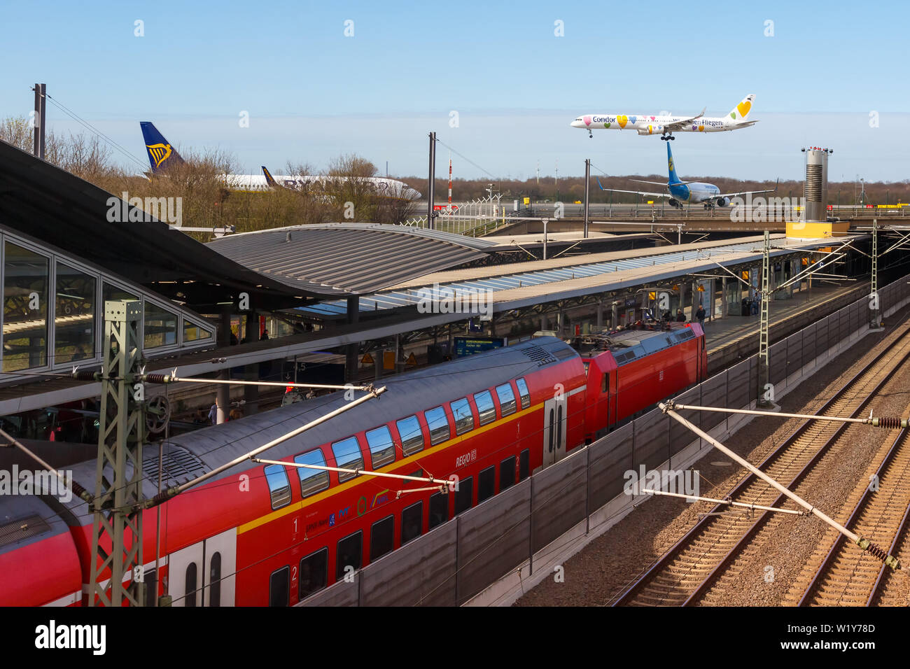 Dusseldorf, Germany – March 24, 2019: Railway station at Dusseldorf Airport (DUS) in Germany. Stock Photo
